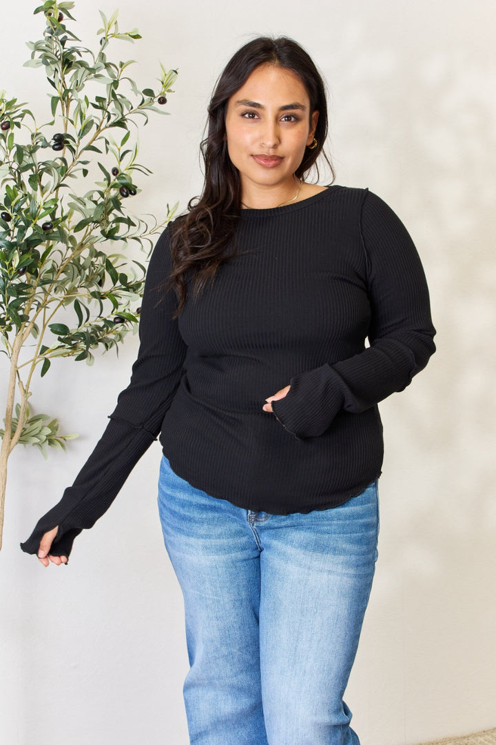 Culture Code Full Size Ribbed Round Neck Long Sleeve Top 