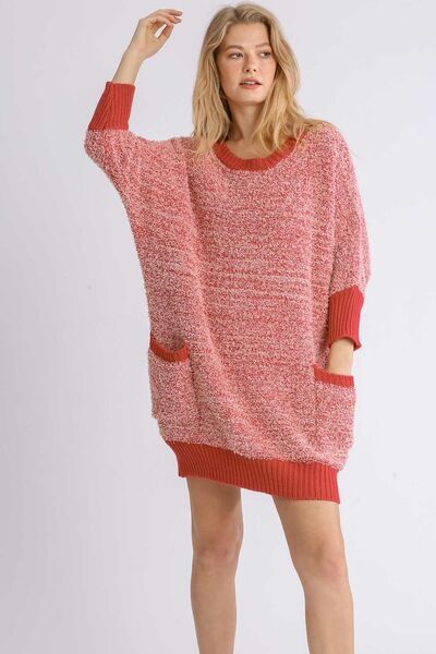 Umgee Full Size Ribbed Hem Round Neck 3/4 Sleeve Sweater Dress with Pockets Plus Size Dresses