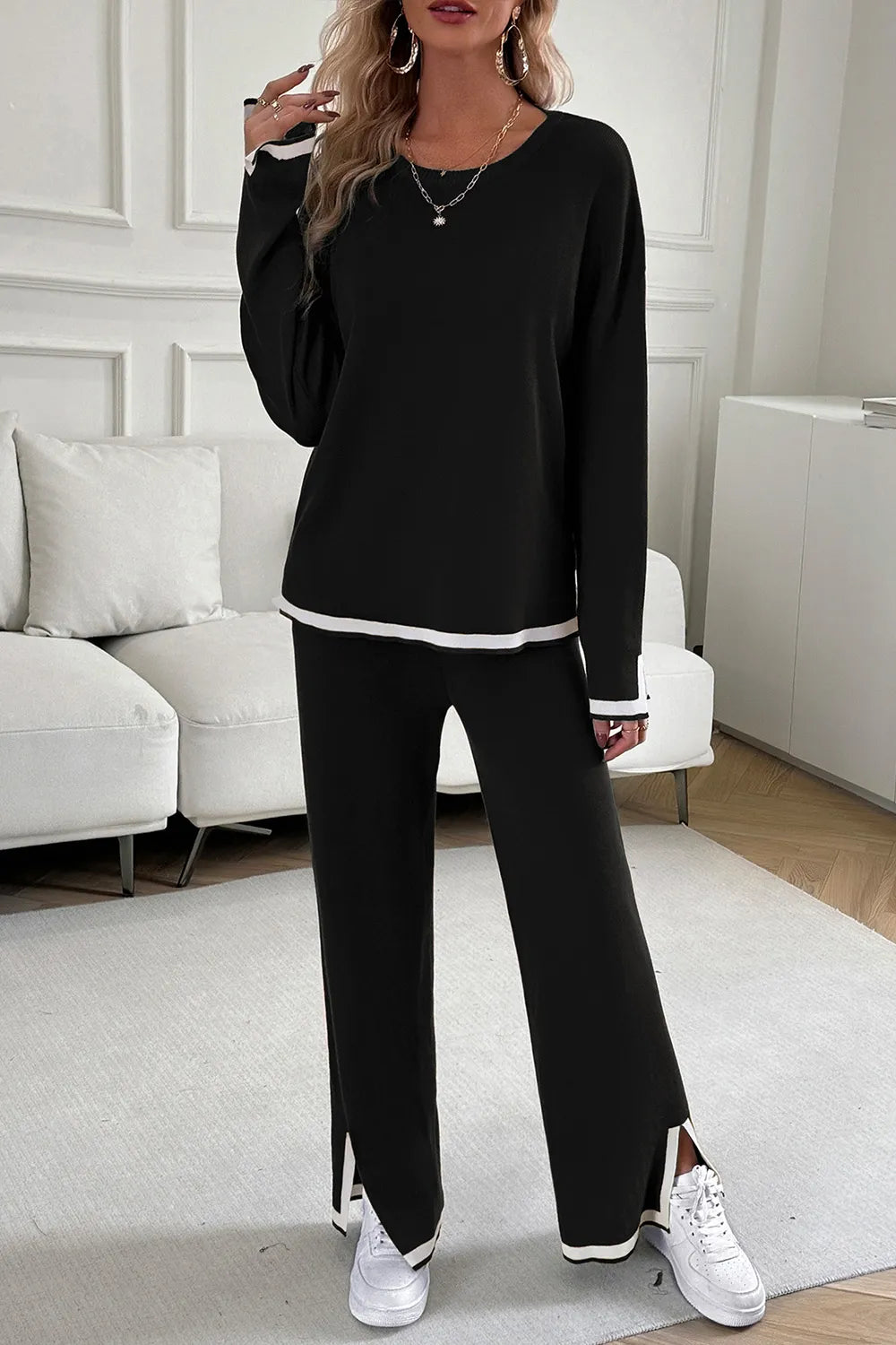 Devine Contrast Trim Round Neck Top and Pants Set 