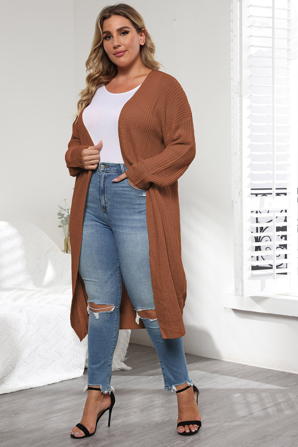 Plus Size Open Front Long Sleeve Cardigan 