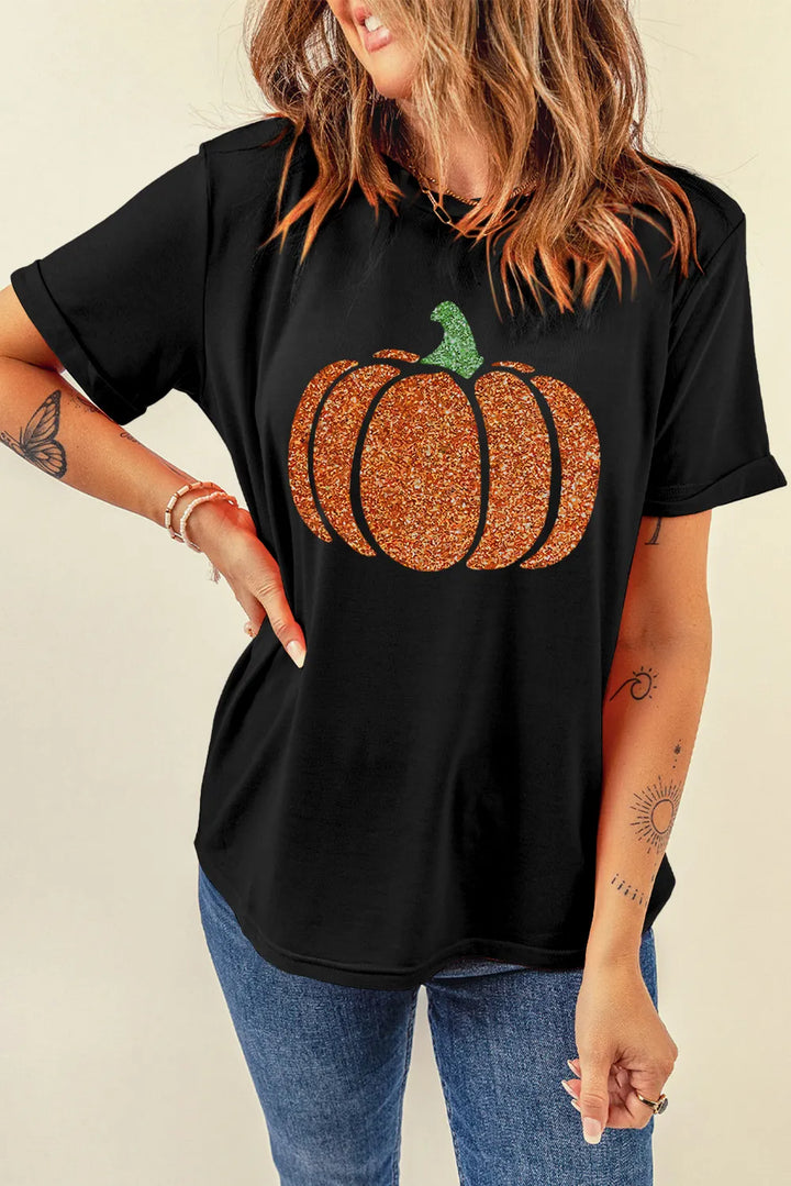 Glitter Pumpkin Round Neck Short Sleeve T-Shirt 