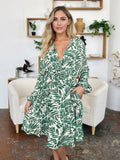 Double Take Full Size Printed Ruched Balloon Sleeve Dress 