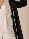 Plus Size Fuzzy Trim Open Front Long Sleeve Hooded Coat 