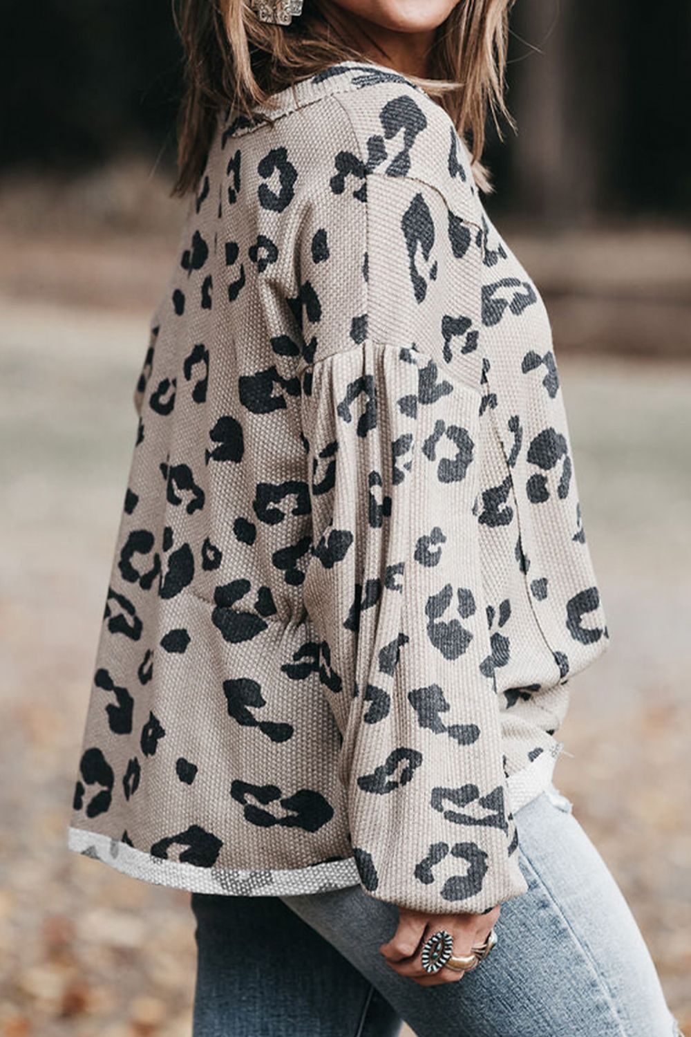 Plus Size Leopard V-Neck Dropped Shoulder T-Shirt 