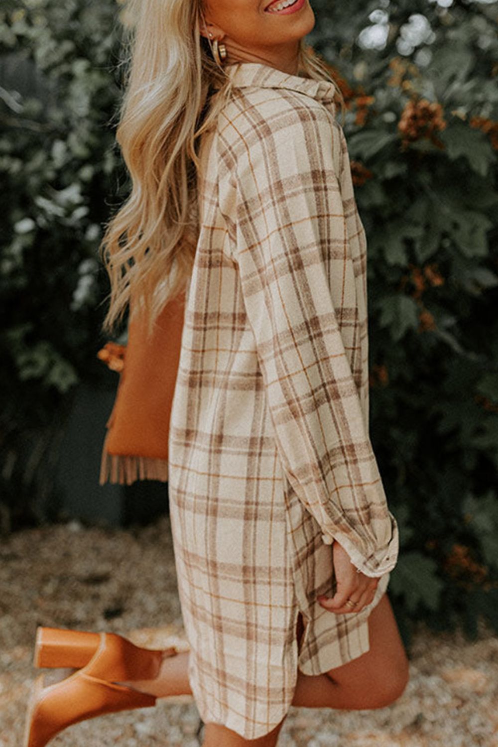 Plaid Collared Neck Long Sleeve Mini Shirt Dress 
