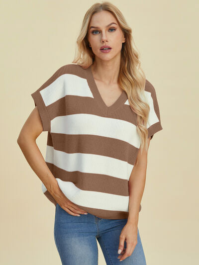 Double Take Full Size Striped V-Neck Short Sleeve Sweater 