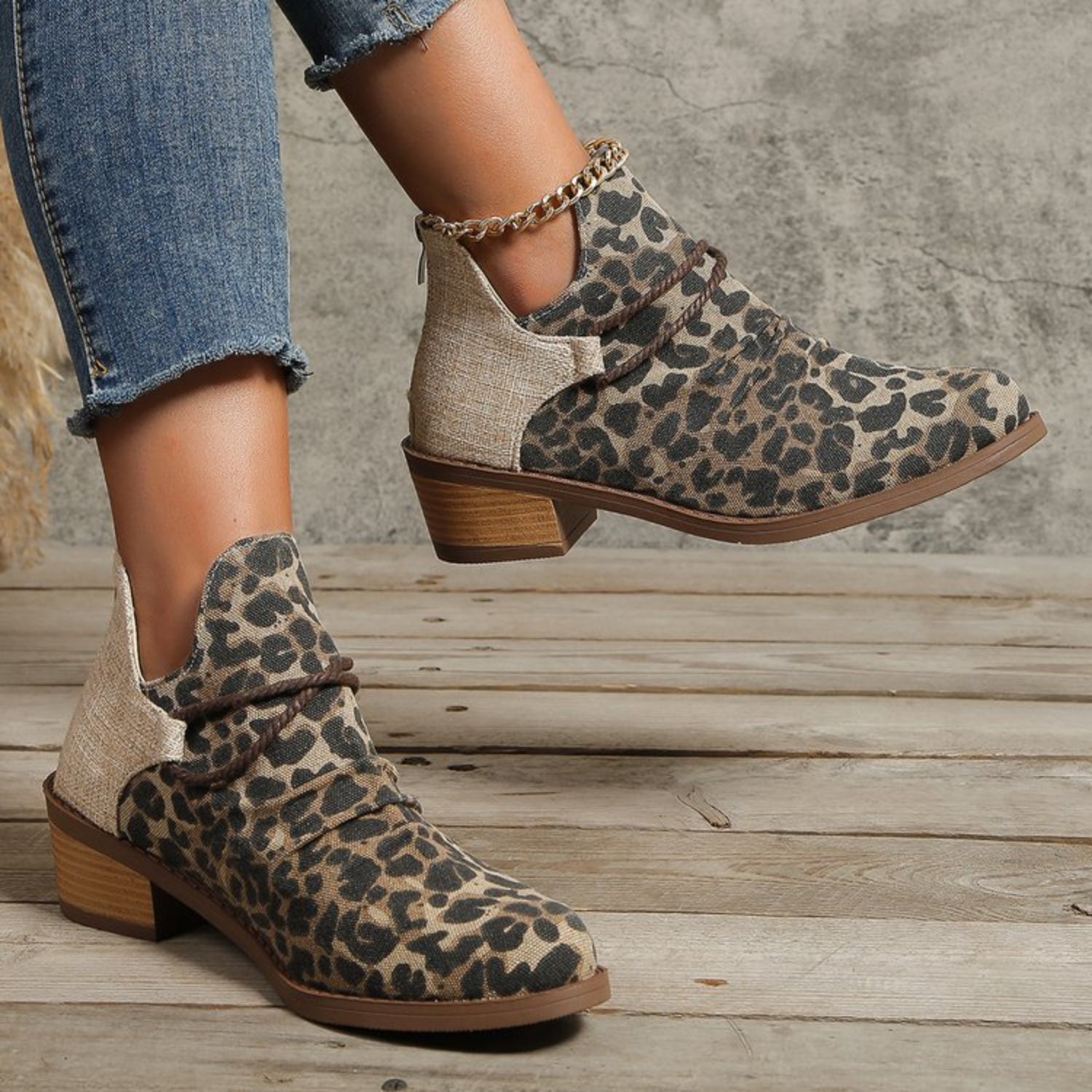Contrast Canvas Low Heel Boots 
