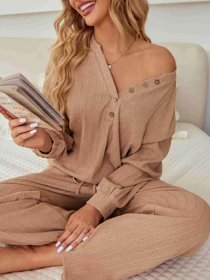 Ribbed Knit Top and Pants Lounge Set with Button Detail Lingerie & Nightwear