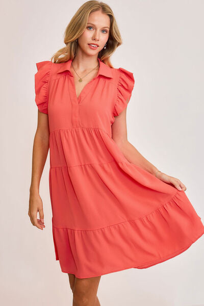 Umgee Full Size Johnny Collar Ruffle Cap Sleeve Tiered Dress Plus Size Dresses