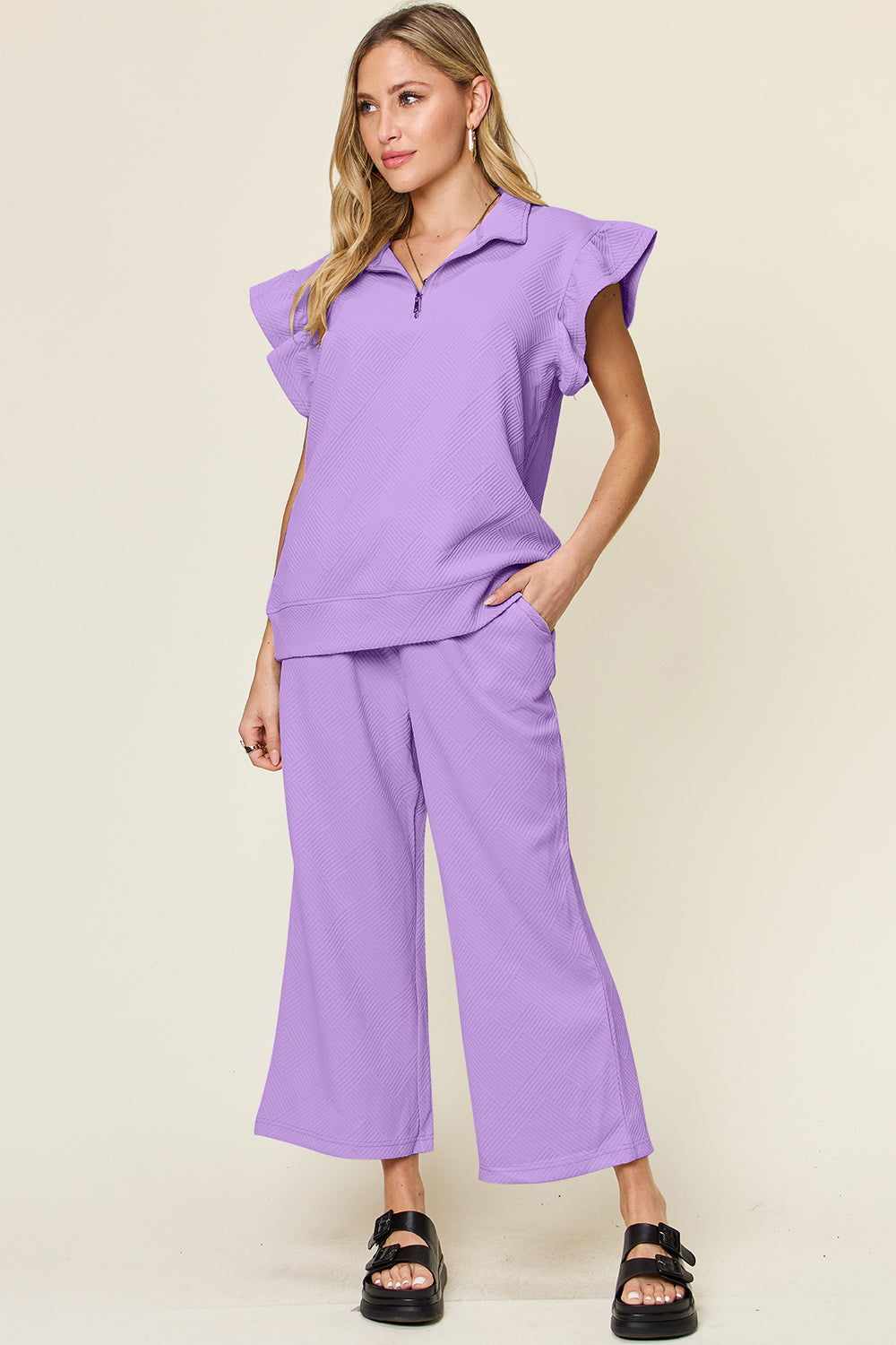 Double Take Texture Ruffle Short Sleeve Top and Drawstring Wide Leg Pants Set 