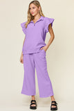 Double Take Texture Ruffle Short Sleeve Top and Drawstring Wide Leg Pants Set 