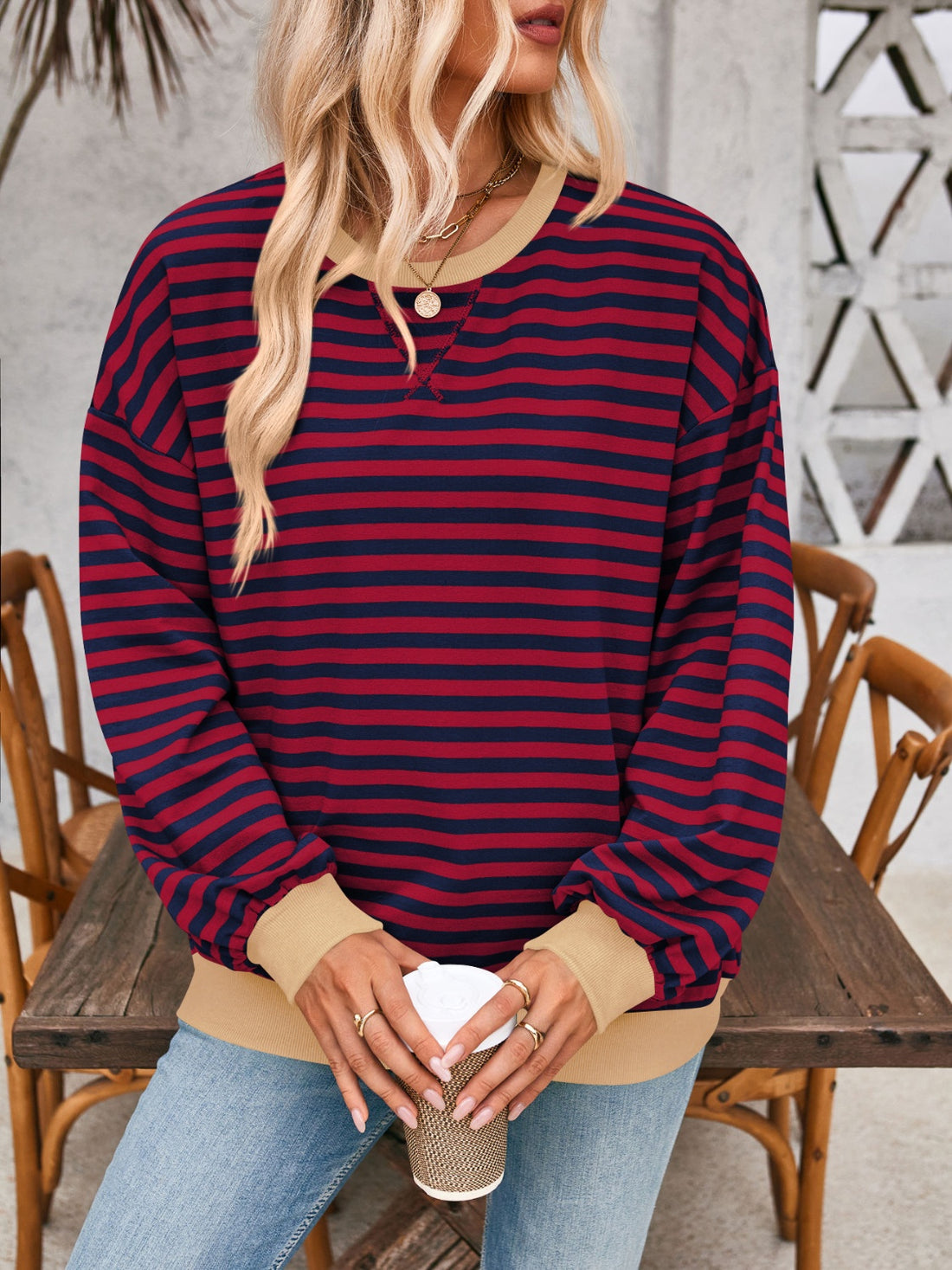Lovelet Contrast Striped Long Sleeve Sweatshirt 