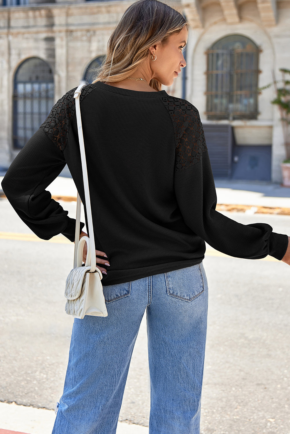 Lace Detail Round Neck Lantern Sleeve Top 