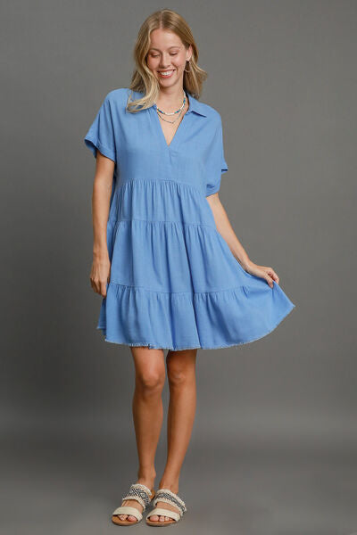 Umgee Full Size Raw Hem Folded Sleeve Tiered Dress Plus Size Dresses