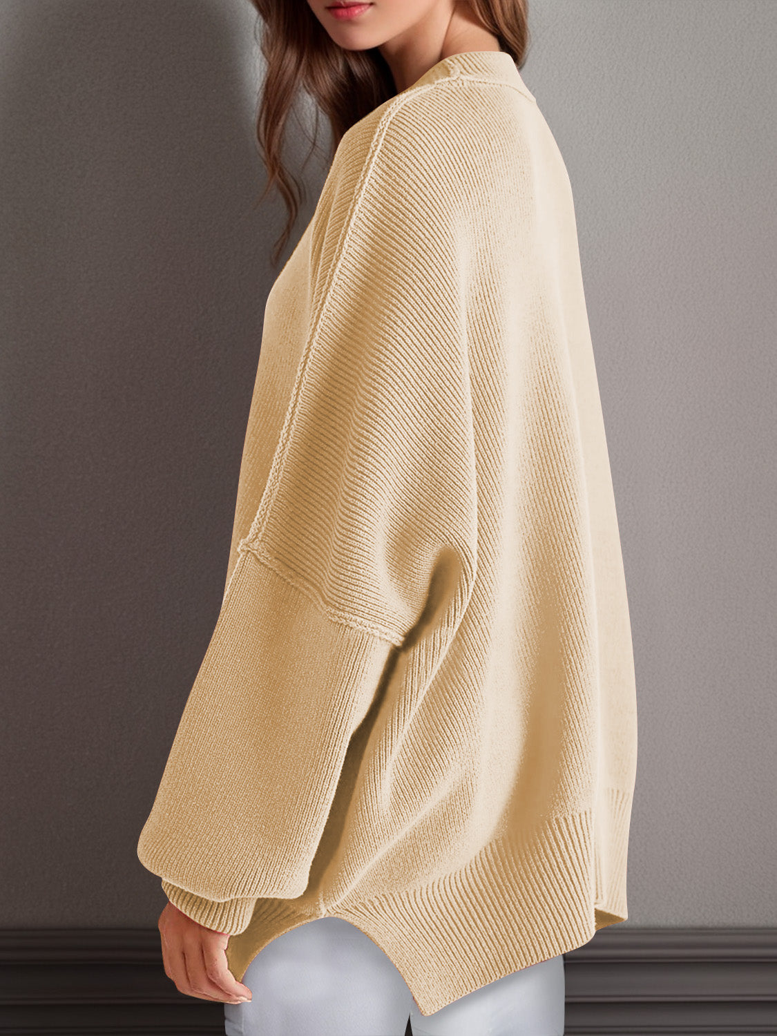 Double Take Side Slit Round Neck Long Sleeve Sweater 