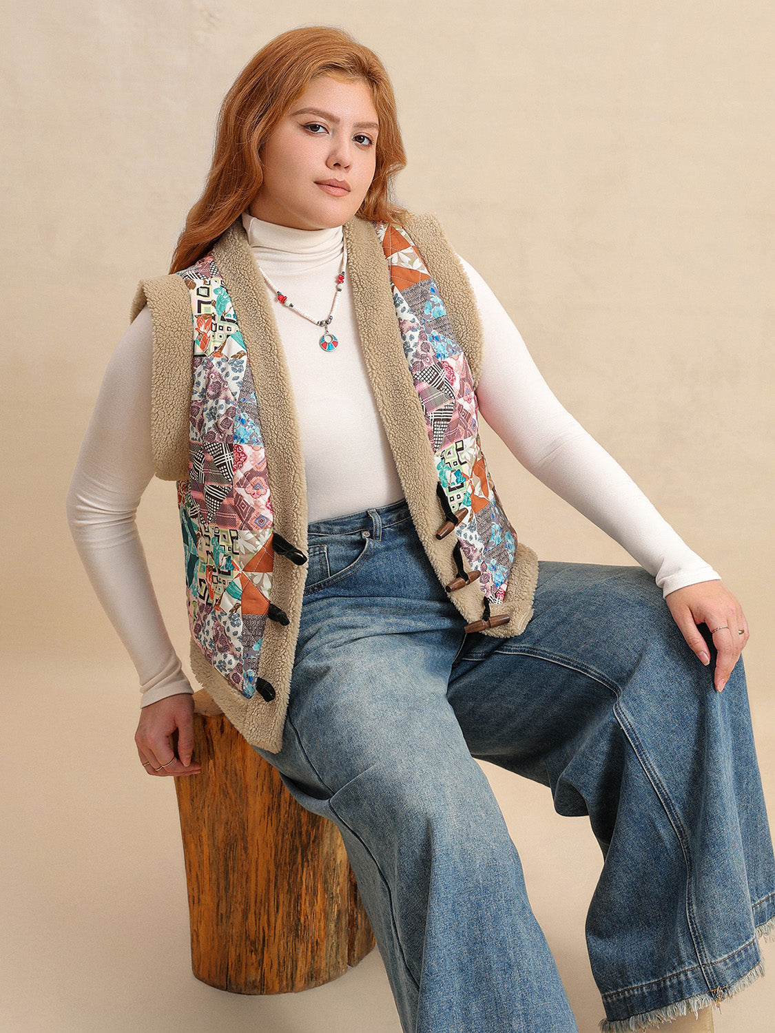 Plus Size Printed Sherpa Vest Coat 