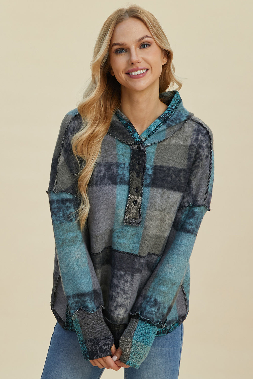 Double Take Full Size Plaid Dropped Shoulder Fleece Hoodie 