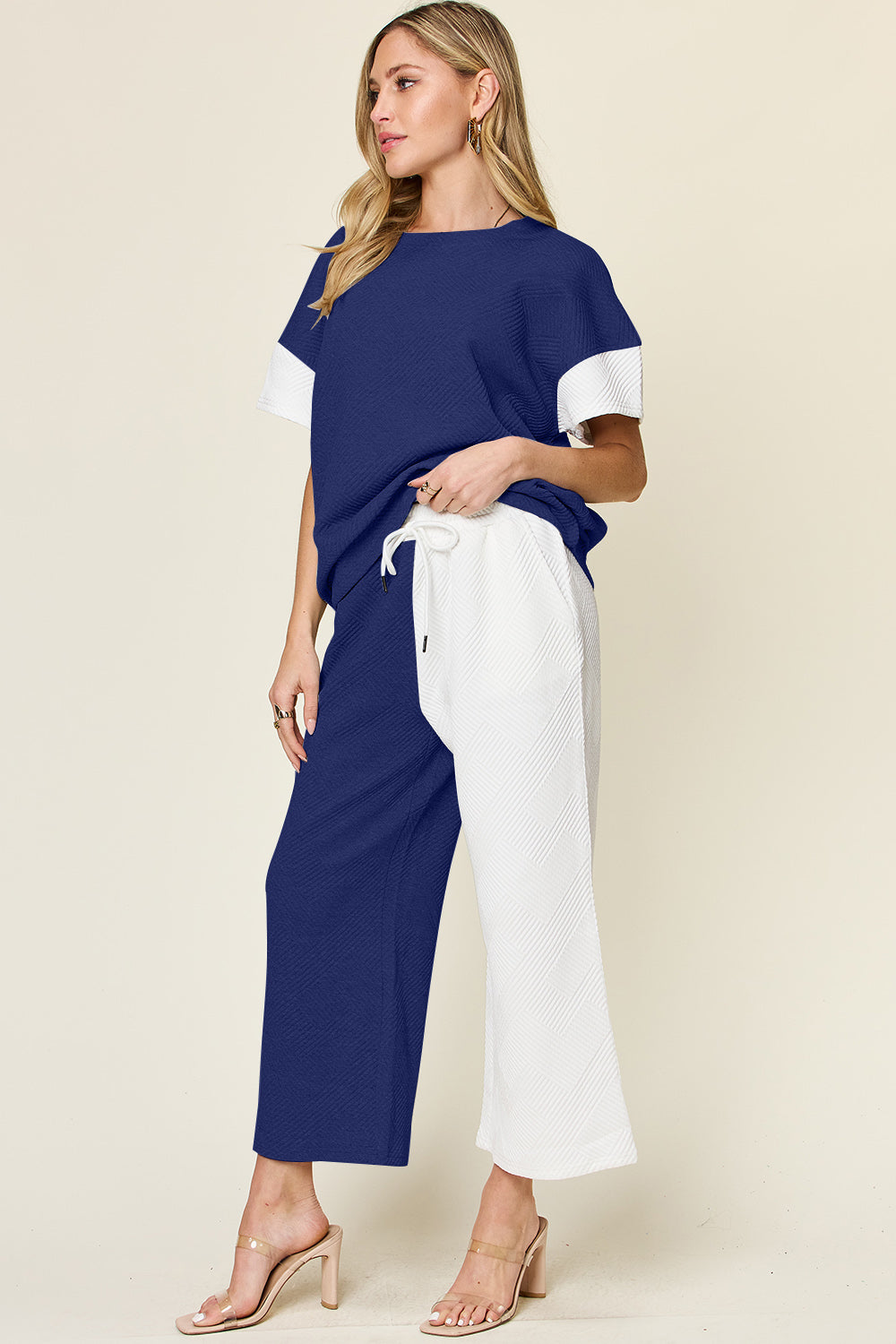 Double Take Full Size Texture Contrast T-Shirt and Wide Leg Pants Set 