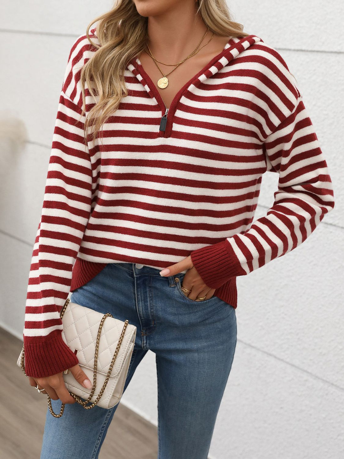 Perfee Striped Long Sleeve Hooded Sweater 