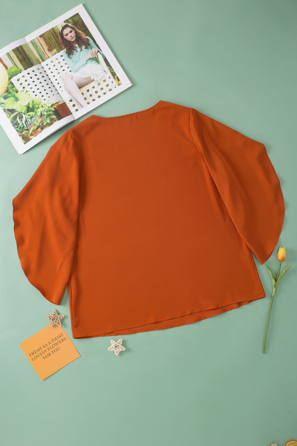 Plus Size V-Neck Petal Sleeve Blouse 