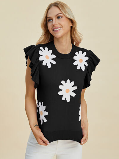 Double Take Full Size Ruffled Flower Round Neck Cap Sleeve Sweater 