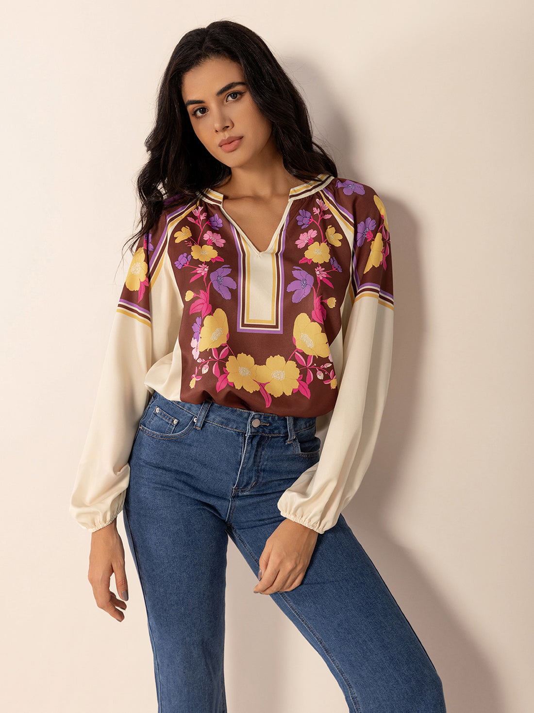 Printed Notched Long Sleeve Blouse 