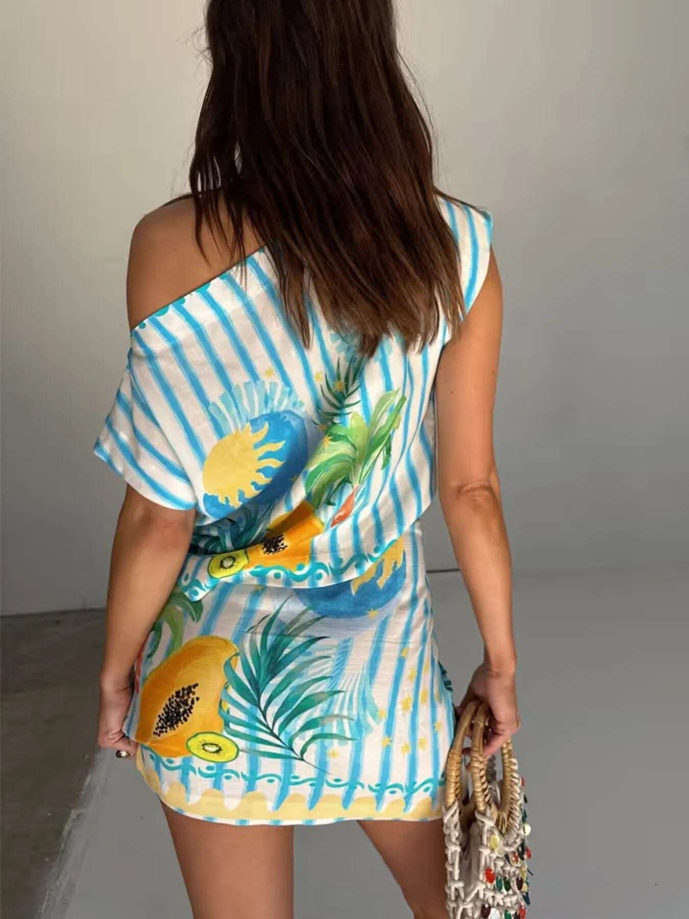 Printed Striped Single Shoulder Top and Skirt Set Two Piece Dresses