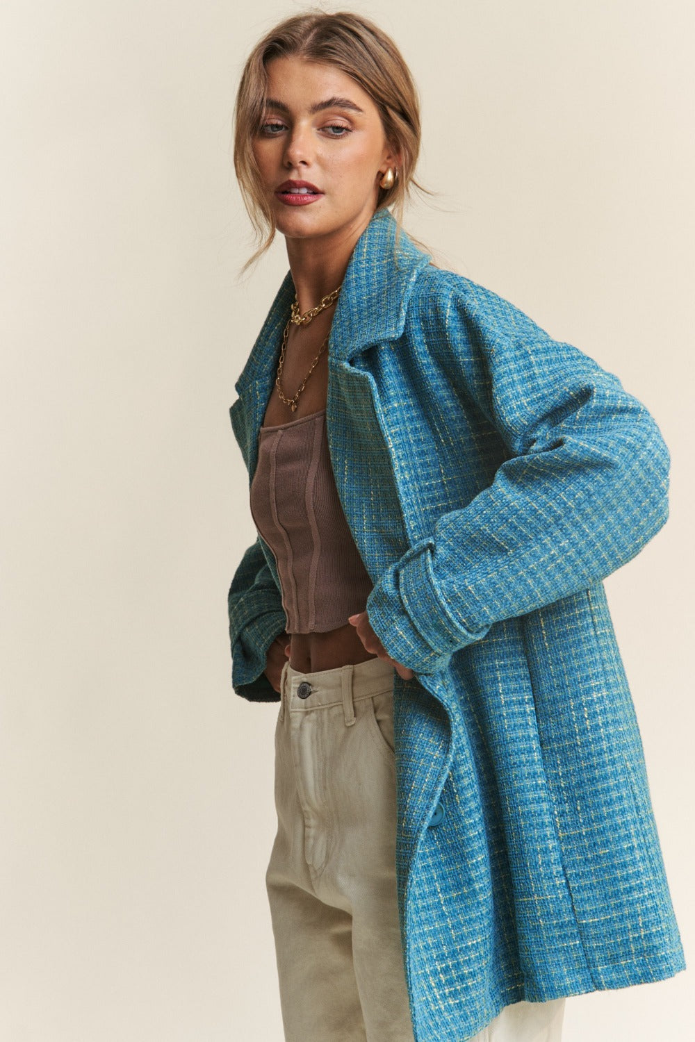 J.NNA Tweed Double-Breasted Long Sleeve Coat 