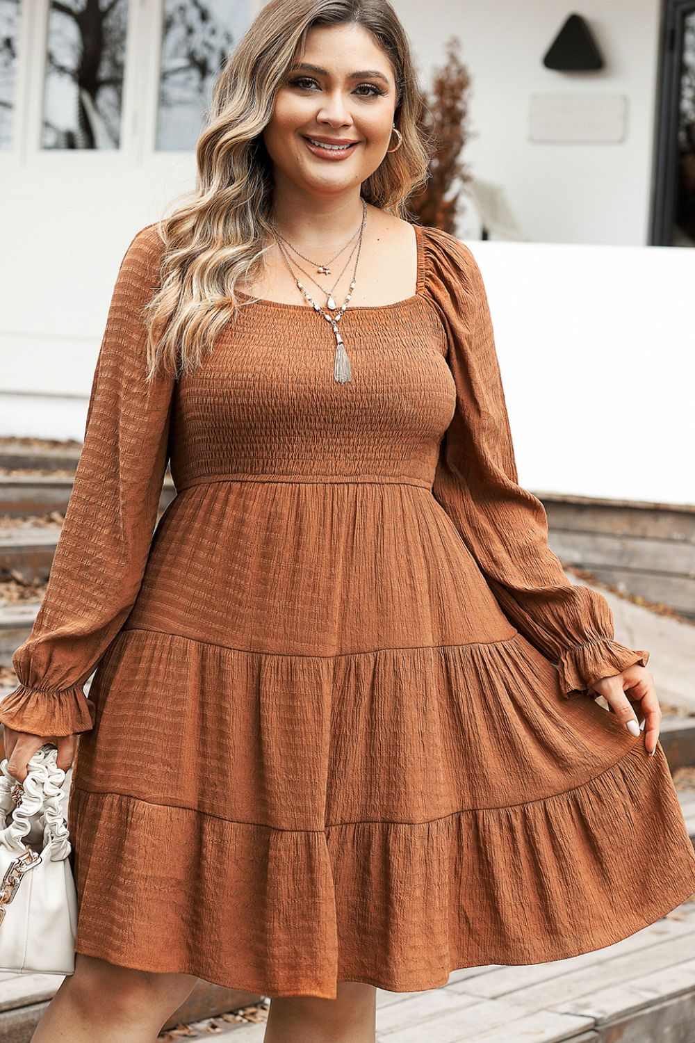 Plus Size Smocked Square Neck Tiered Dress 