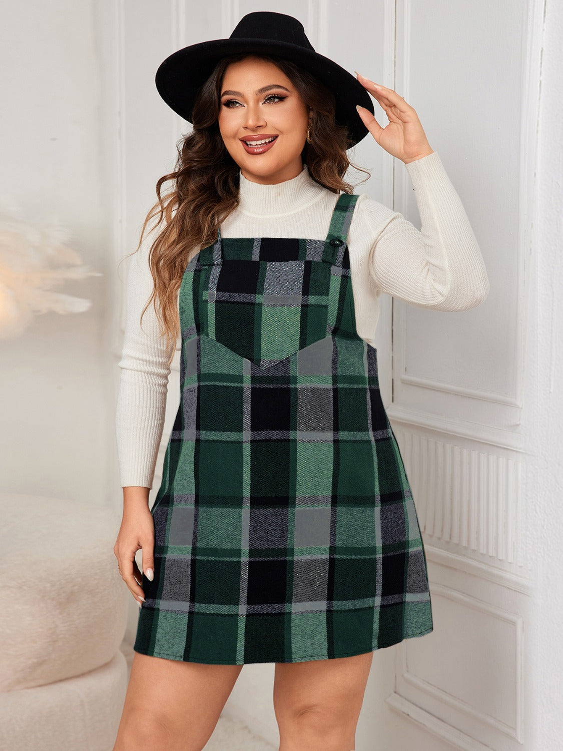 Honey Plus Size Plaid Wide Strap Overall Dress 