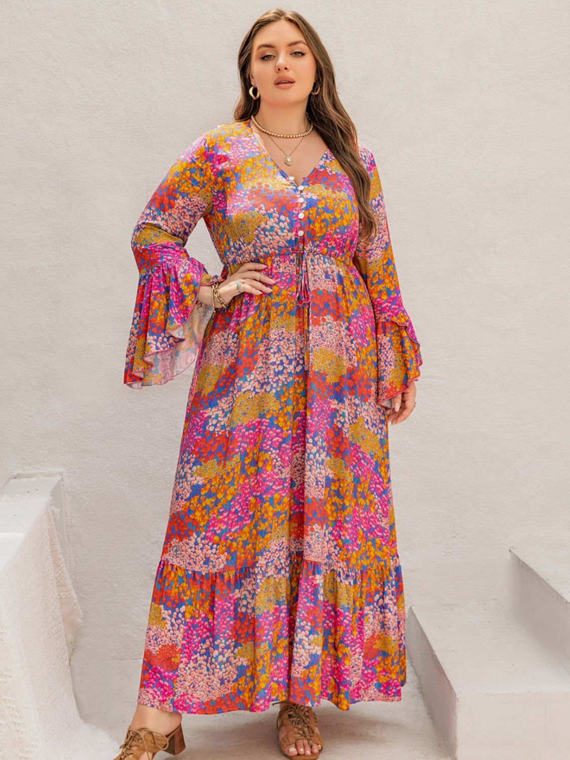 Plus Size Printed V-Neck Long Sleeve Maxi Dress 