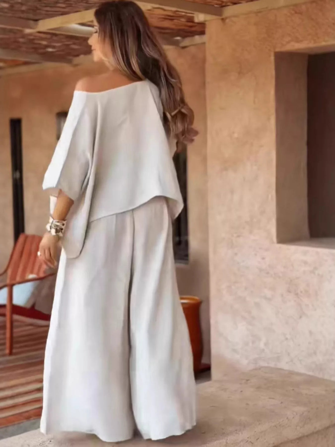 Full Size Boat Neck Top and Wide Leg Pants Set Plus Size Two Piece Dresses