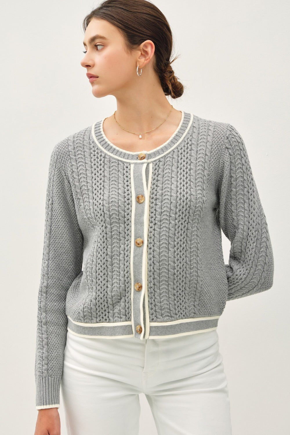 Be Cool Cable Knit Long Sleeve Contrast Edge Cardigan 