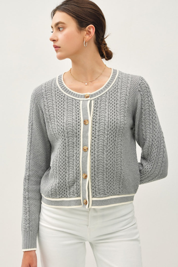 Be Cool Cable Knit Long Sleeve Contrast Edge Cardigan 