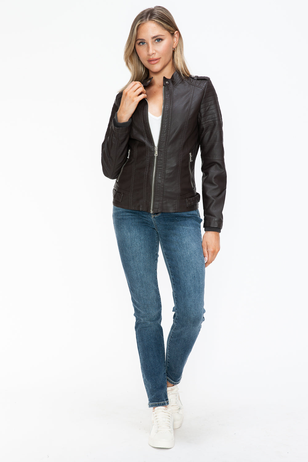 Snobbish PU Leather Biker Jacket with Side Zip Pockets 