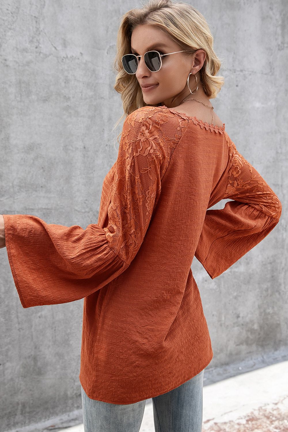 Ivy Lane V-Neck Spliced Lace Flare Sleeve Top 