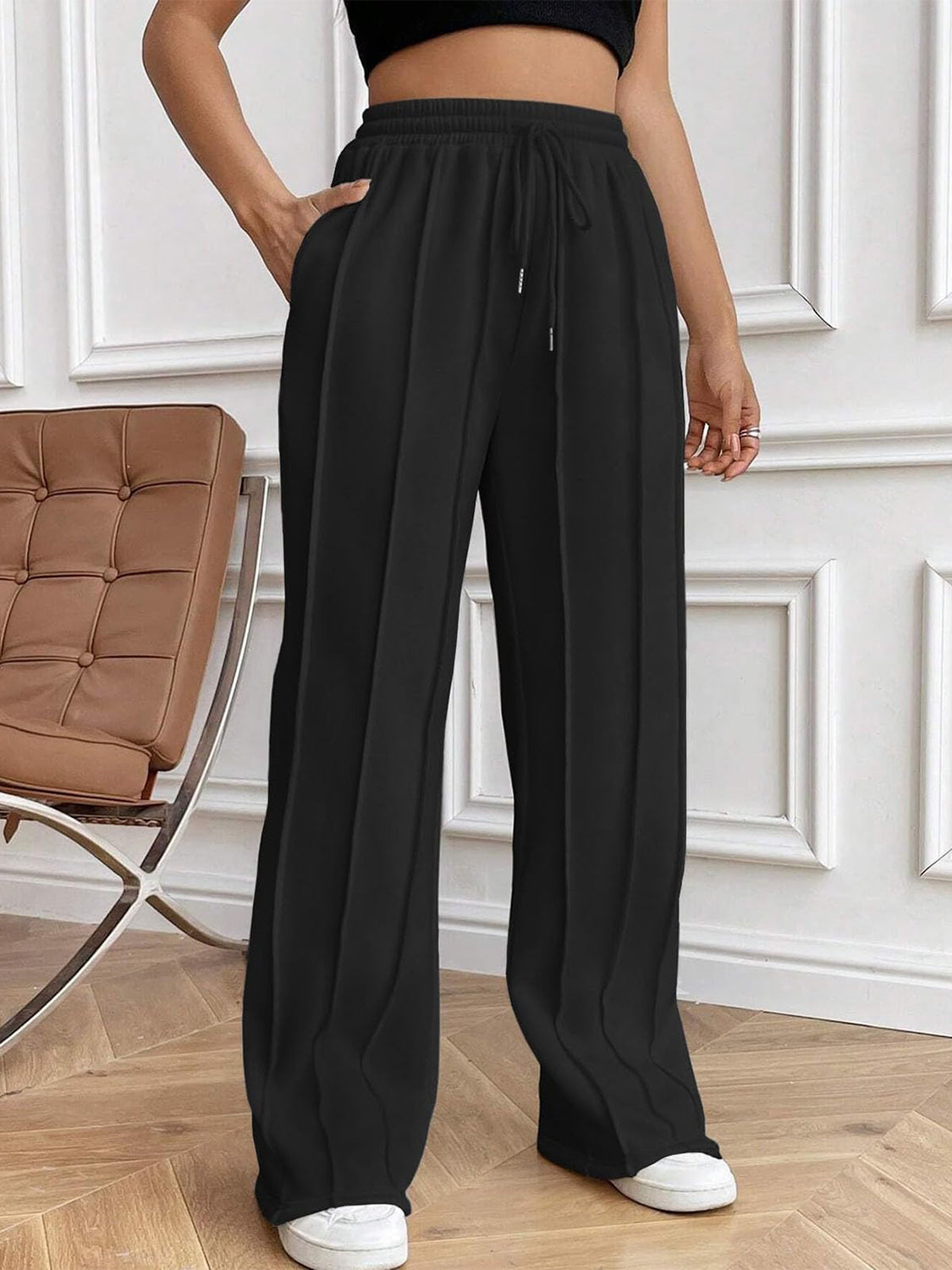 Drawstring Elastic Waist Pants with Pockets 
