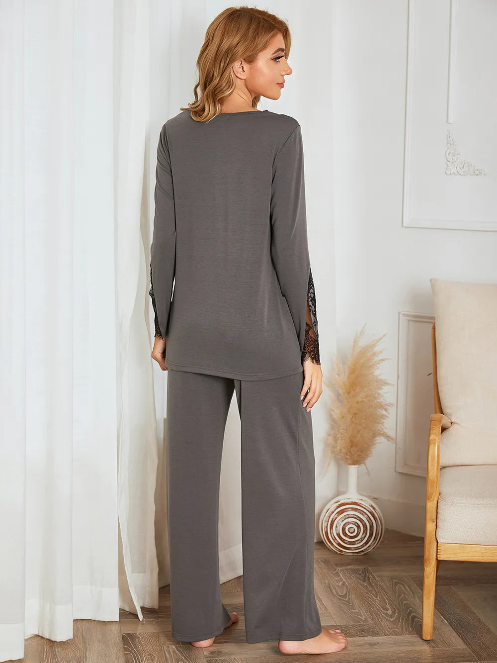 Lace Detail Long Sleeve Top and Pants Lounge Set Lingerie & Nightwear