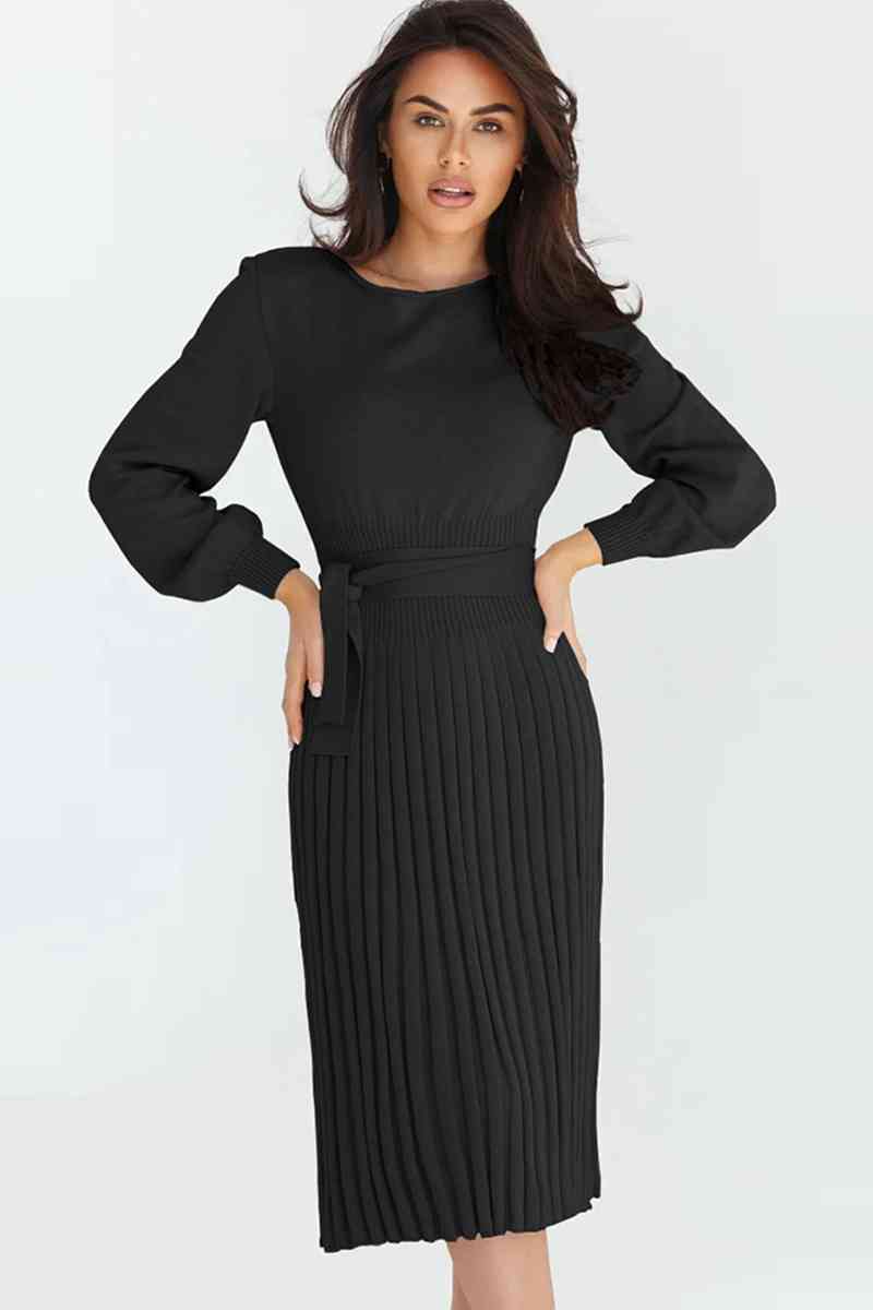 Round Neck Long Sleeve Pleated Sweater Dress Dresses