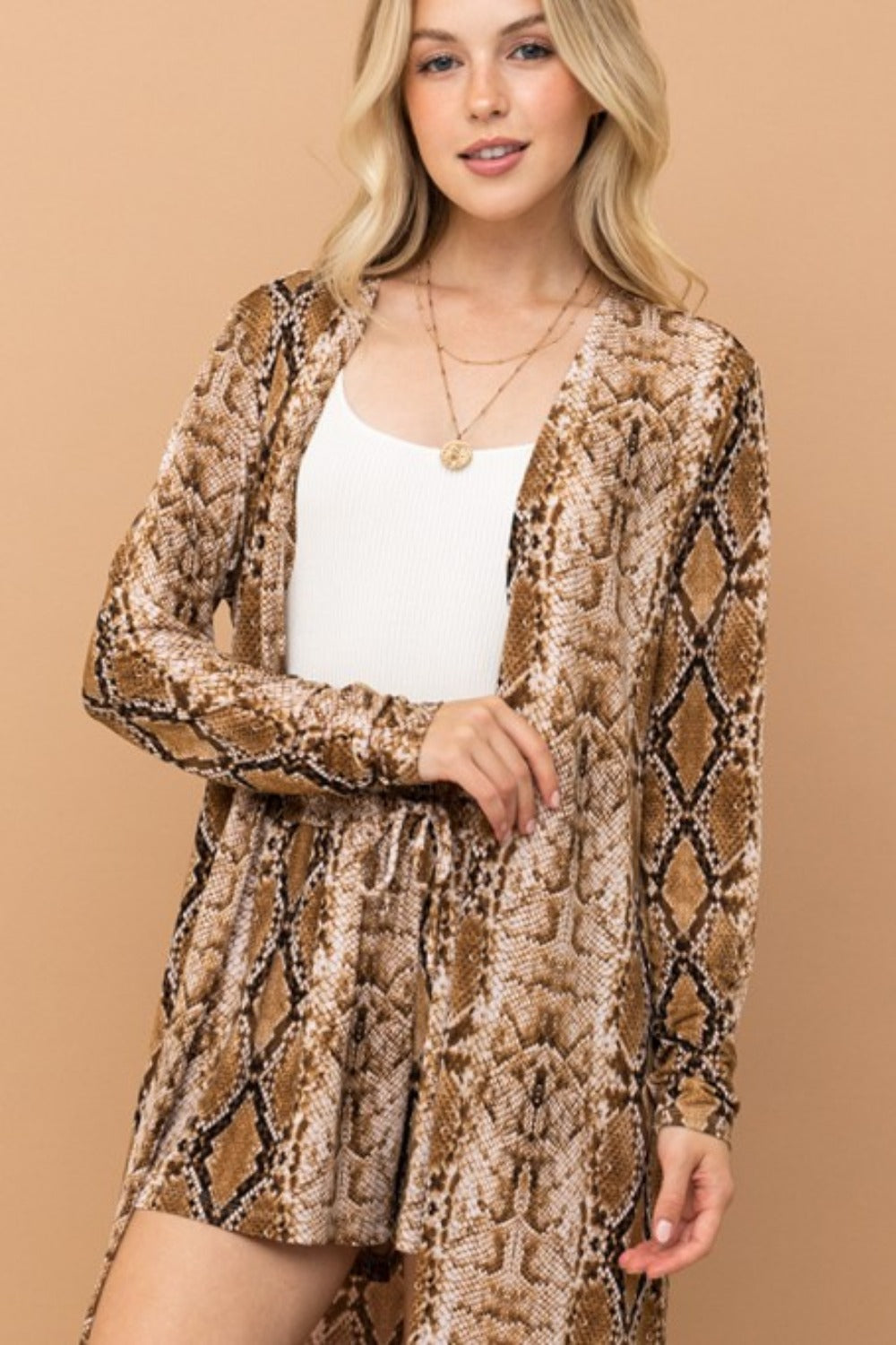 And The Why Snake Print Kimono Open Front Longline Cardigan 