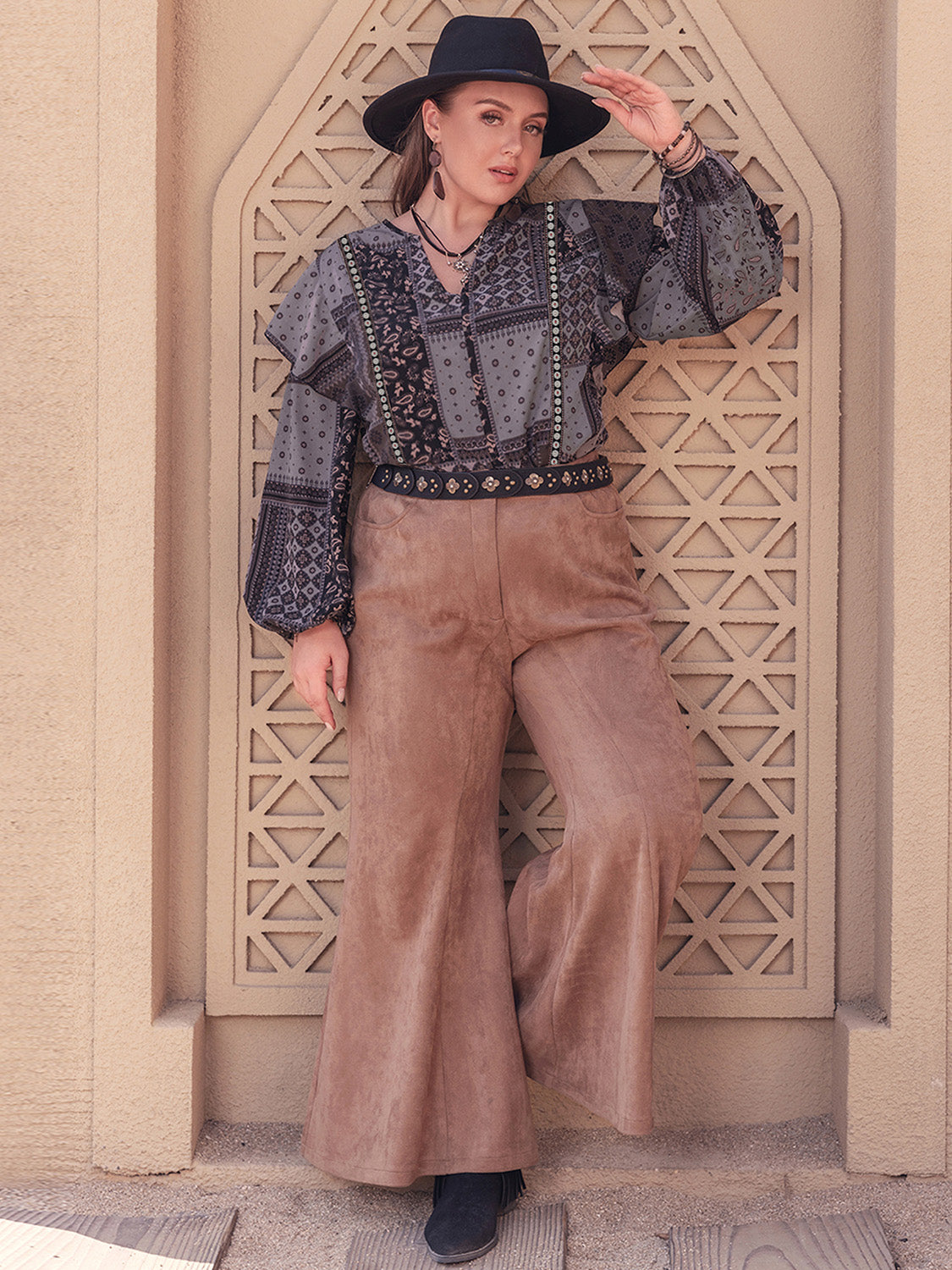 Plus Size Ruffled Printed Notched Long Sleeve Blouse 