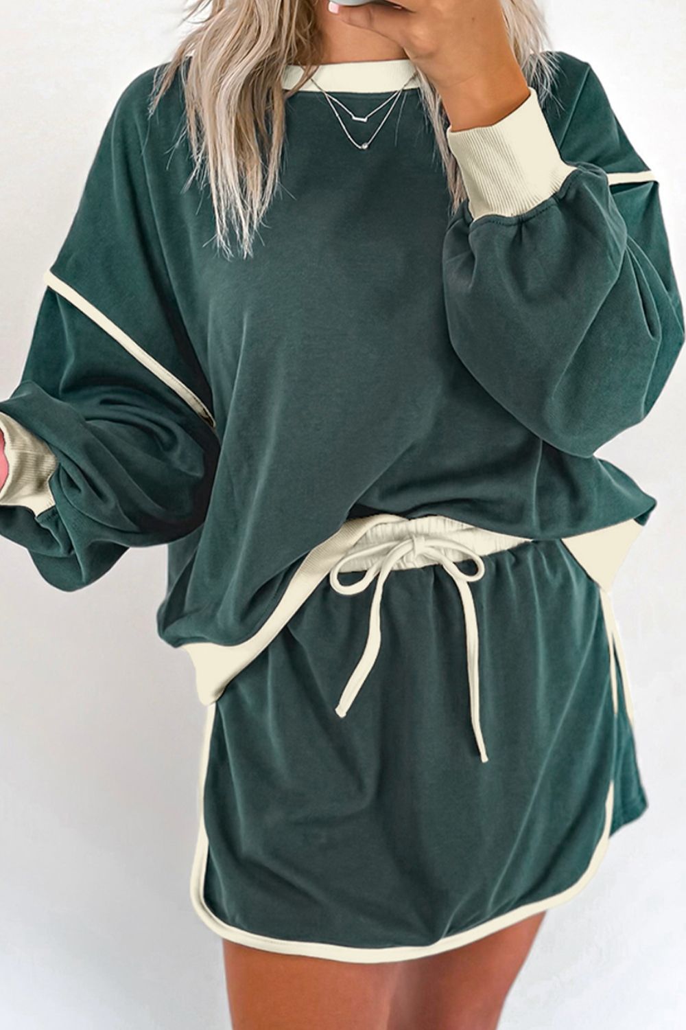 Contrast Trim Round Neck Top and Skort Set 