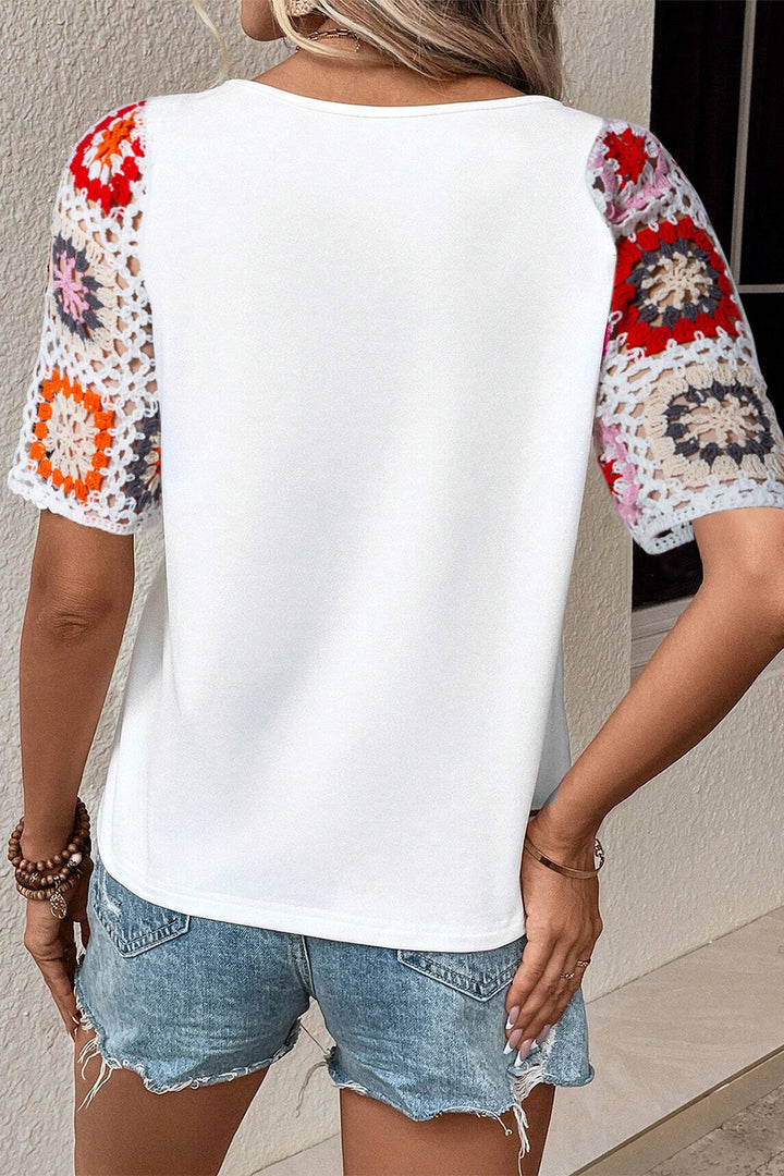 Geometric Round Neck Short Sleeve Blouse 