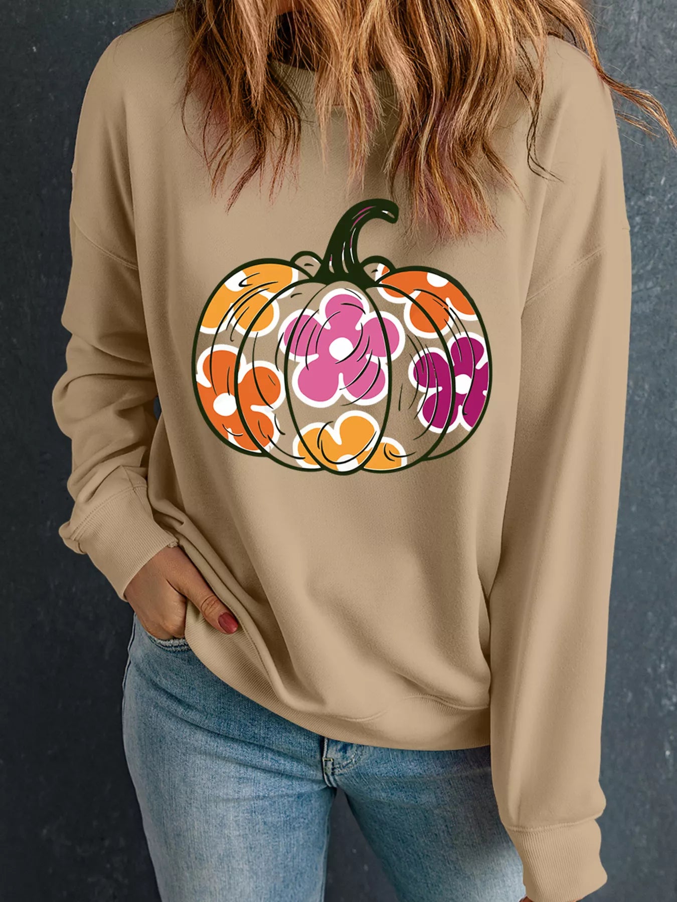 Halloween Floral Pumpkin Graphic Drop Shoulder Sweatshirt 