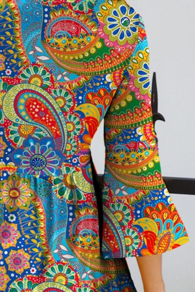 FAM-FAM Paisley Print Round Neck Three-Quarter Sleeve Dress Dresses