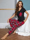 Heart Graphic V-Neck Top and Plaid Pants Lounge Set Lingerie & Nightwear
