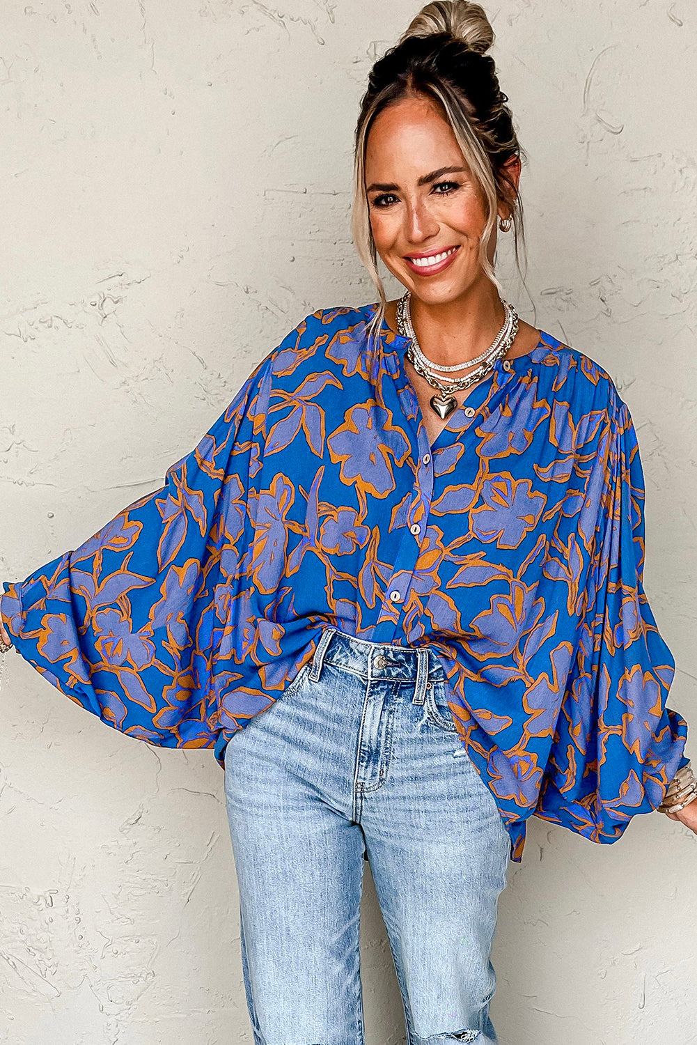 Blue Floral Print Batwing Sleeve Buttoned Loose Fit Shirt Tops/Blouses & Shirts