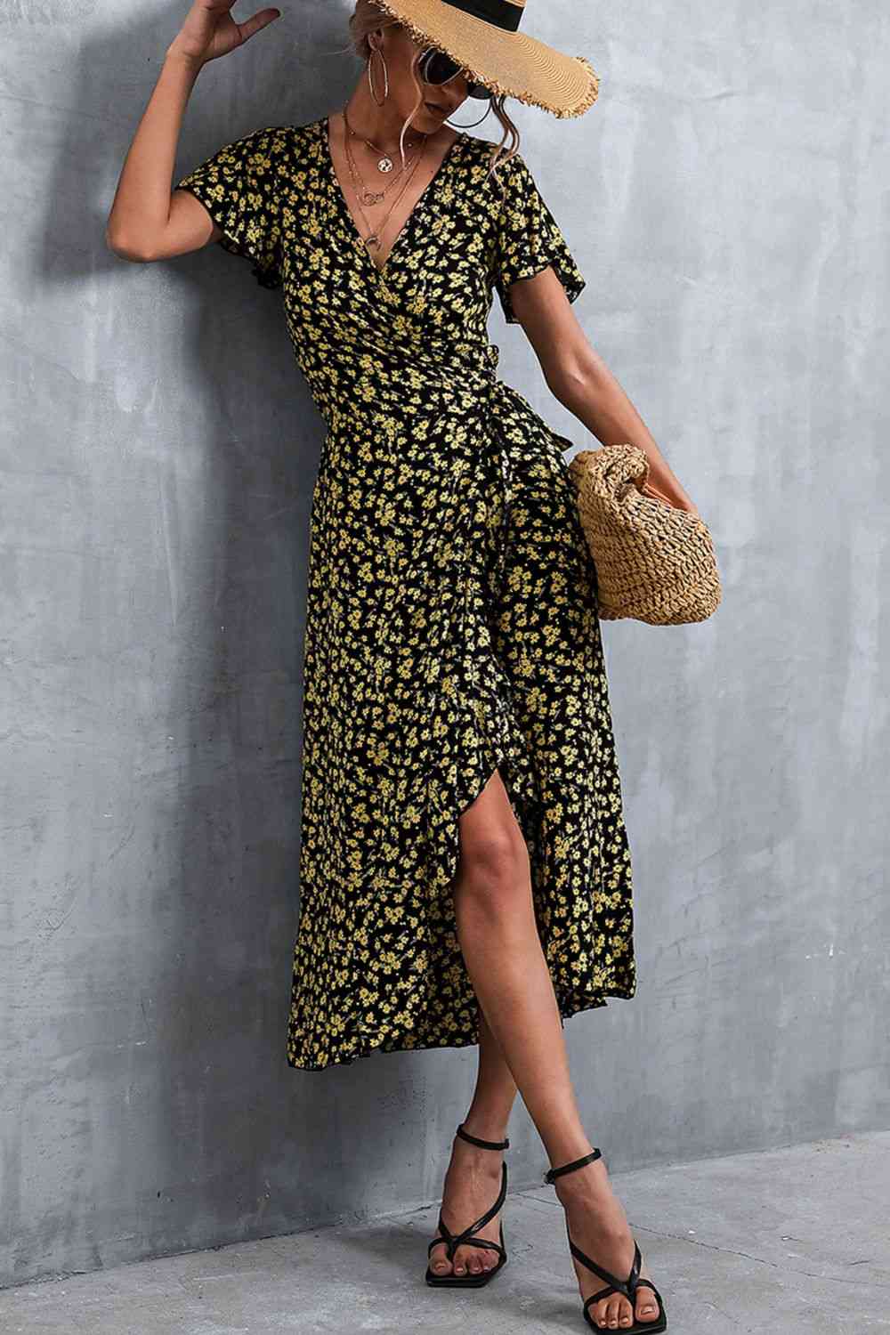 Floral Surplice Neck Tied Midi Dress Dresses
