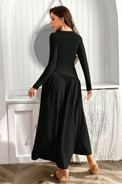 Ruched Round Neck Long Sleeve Dress Dresses