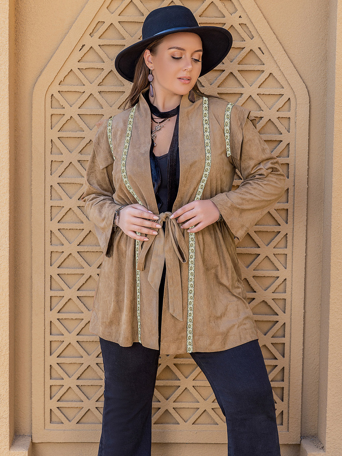 Plus Size Long Sleeve Tie Waist Cardigan 